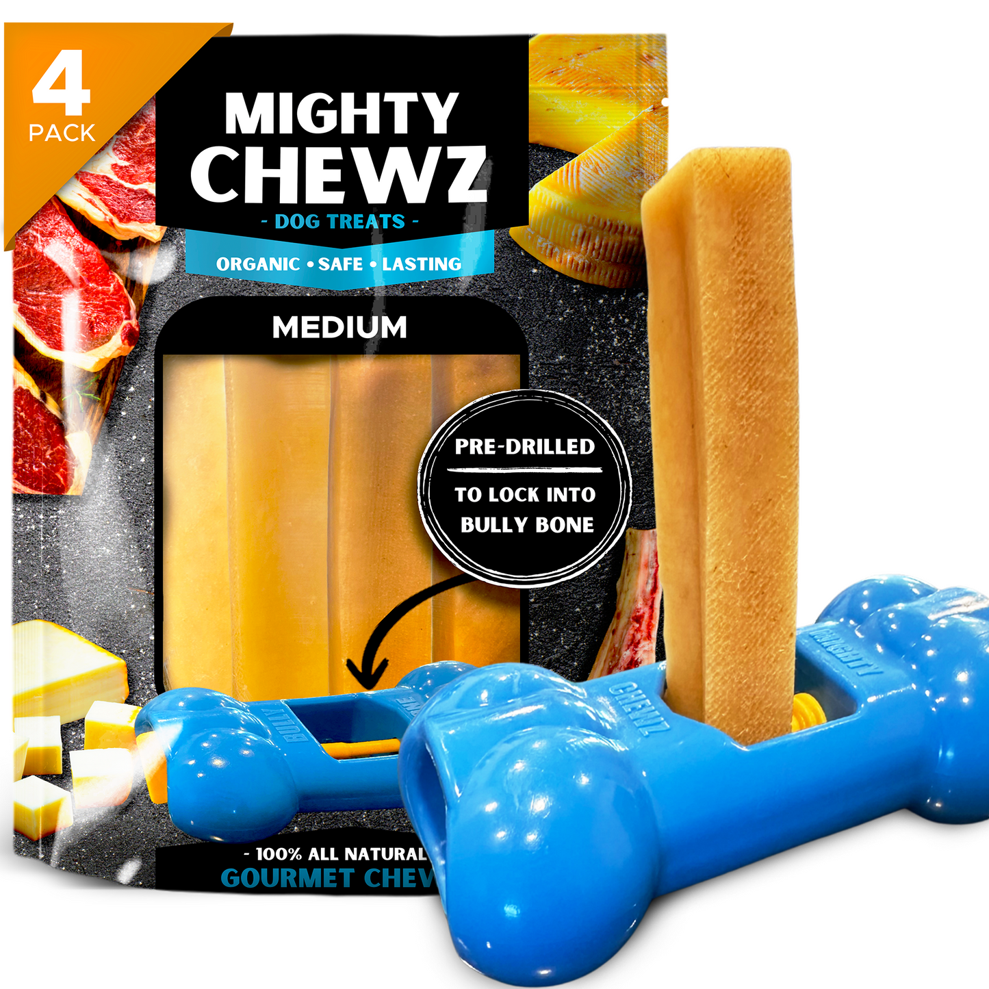 4 Pack Medium Yak Cheese - UPGRADED Bully Bone Included