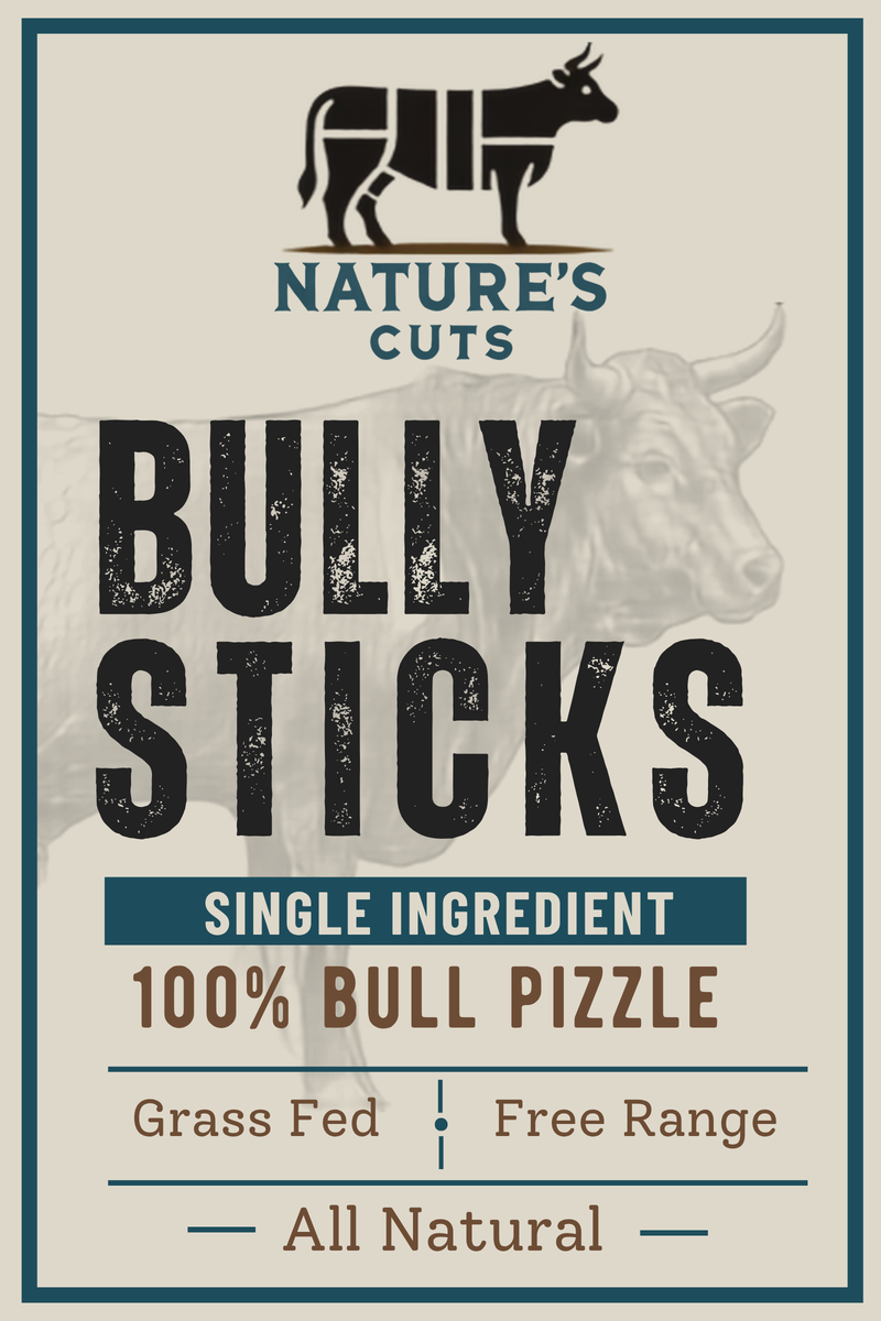 Nature's Cuts Bully Sticks label: single ingredient, 100% bull pizzle, grass fed, free range