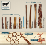 Nature's Cuts bully stick size chart with weights, shown to scale next to a pencil