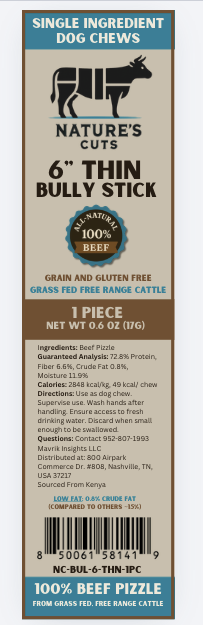 Nature's Cuts 6 inch thin bully stick label: branding on the front, ingredients, guaranteed analysis and UPC barcode on the back